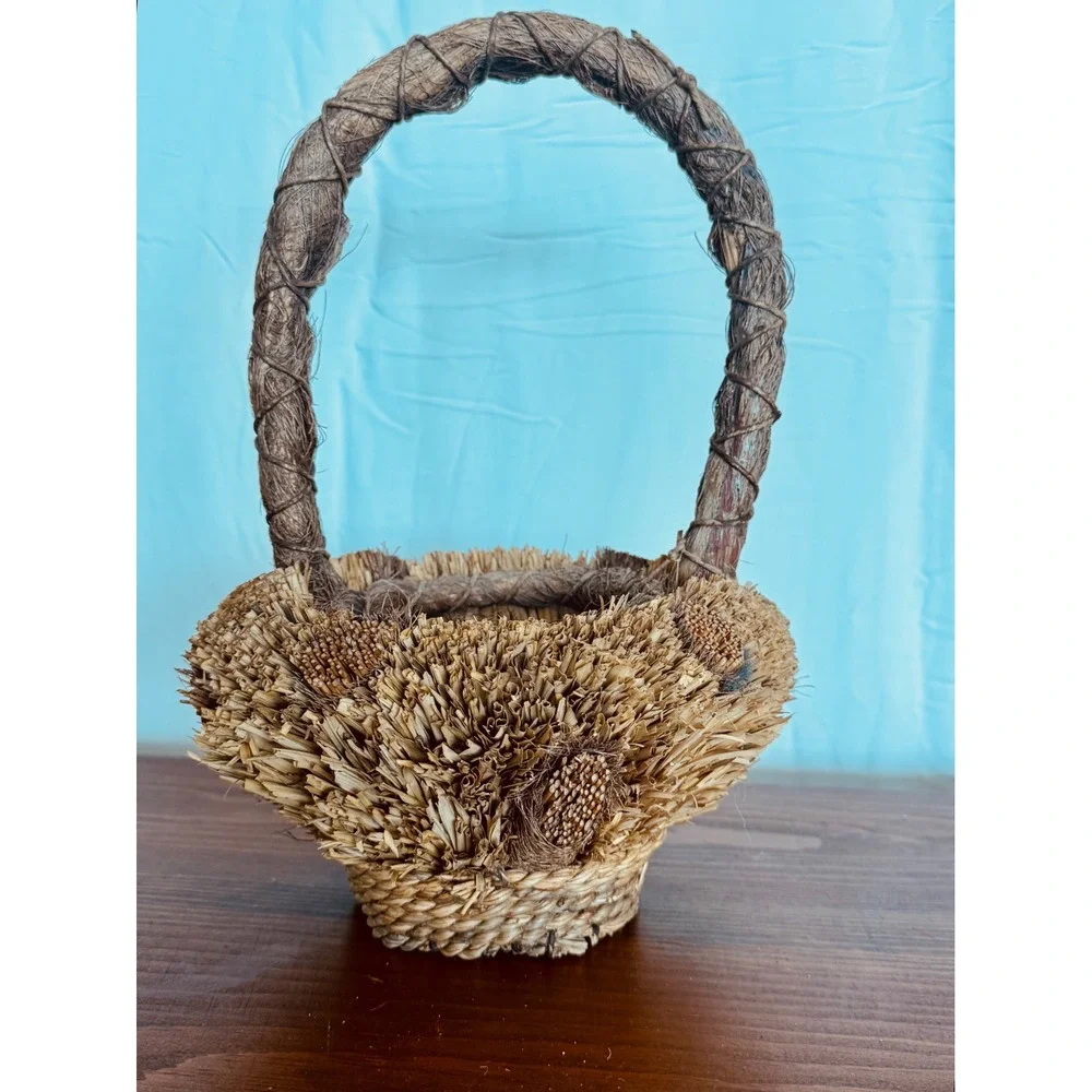 Handmade Rustic Woven Straw Basket with Rope Handle Natural Fiber Decor